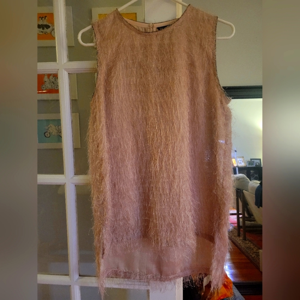Feathery light pink high/low Top with jewel lining at the neck and sleeves.